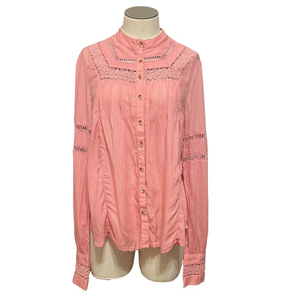 Free People Womens Pink Button Up Crochet Victorian Cottagecore Shirt Sz XS